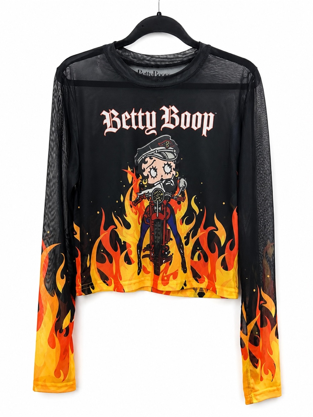 Betty Boop Flame Mesh Top XL Y2K Biker Grunge Sheer Long Sleeve